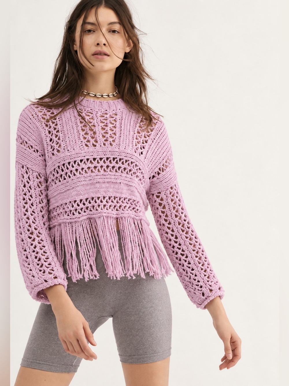 Free People Higher Love Lilac Crochet Fringe Open Knit Boho Sweater M